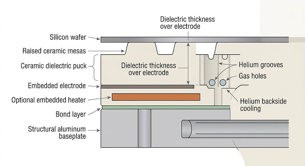 Cross-section diagram of an electrostatic chuck ceramic stack with electrode and helium grooves