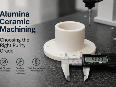 Alumina ceramic machining component with precision measurement using a digital caliper, highlighting high strength, electrical insulation, and high-temperature performance.