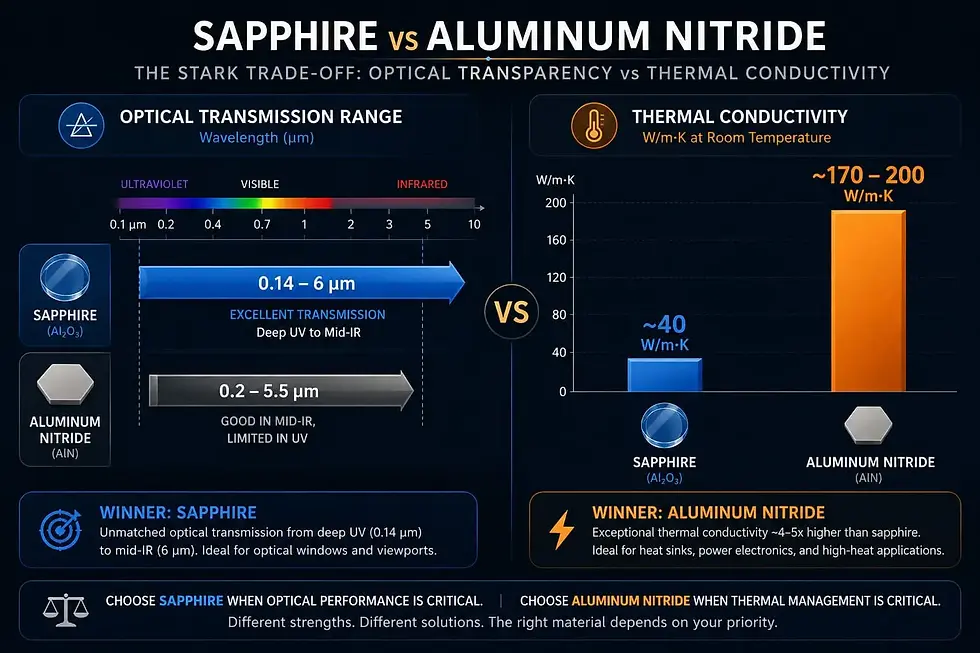 Material property comparison chart illustrating thermal conductivity and optical transmission differences between technical ceramics and sapphire
