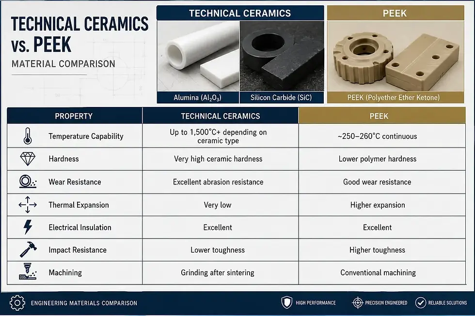 Ceramic vs PEEK plastic components material property comparison chart showing temperature, hardness, wear resistance, and thermal performance differences