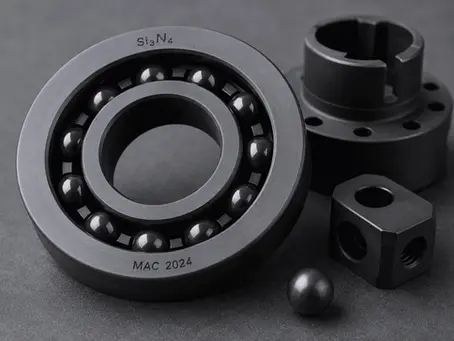 Precision machined silicon nitride (Si₃N₄) ceramic bearing component manufactured for high-temperature industrial applications