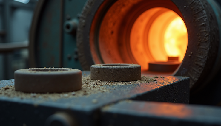 Eye-level view of ceramic components inside a high-temperature furnace