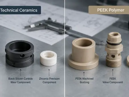 Ceramic vs PEEK plastic components comparison showing precision technical ceramic parts and machined PEEK components for industrial applications