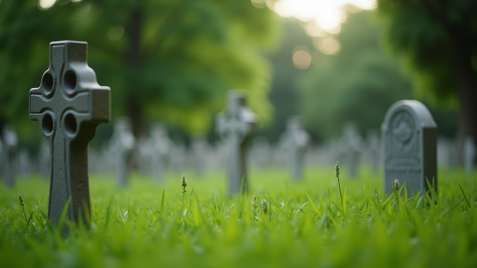 Close-up of a green cemetery with natural grass and trees