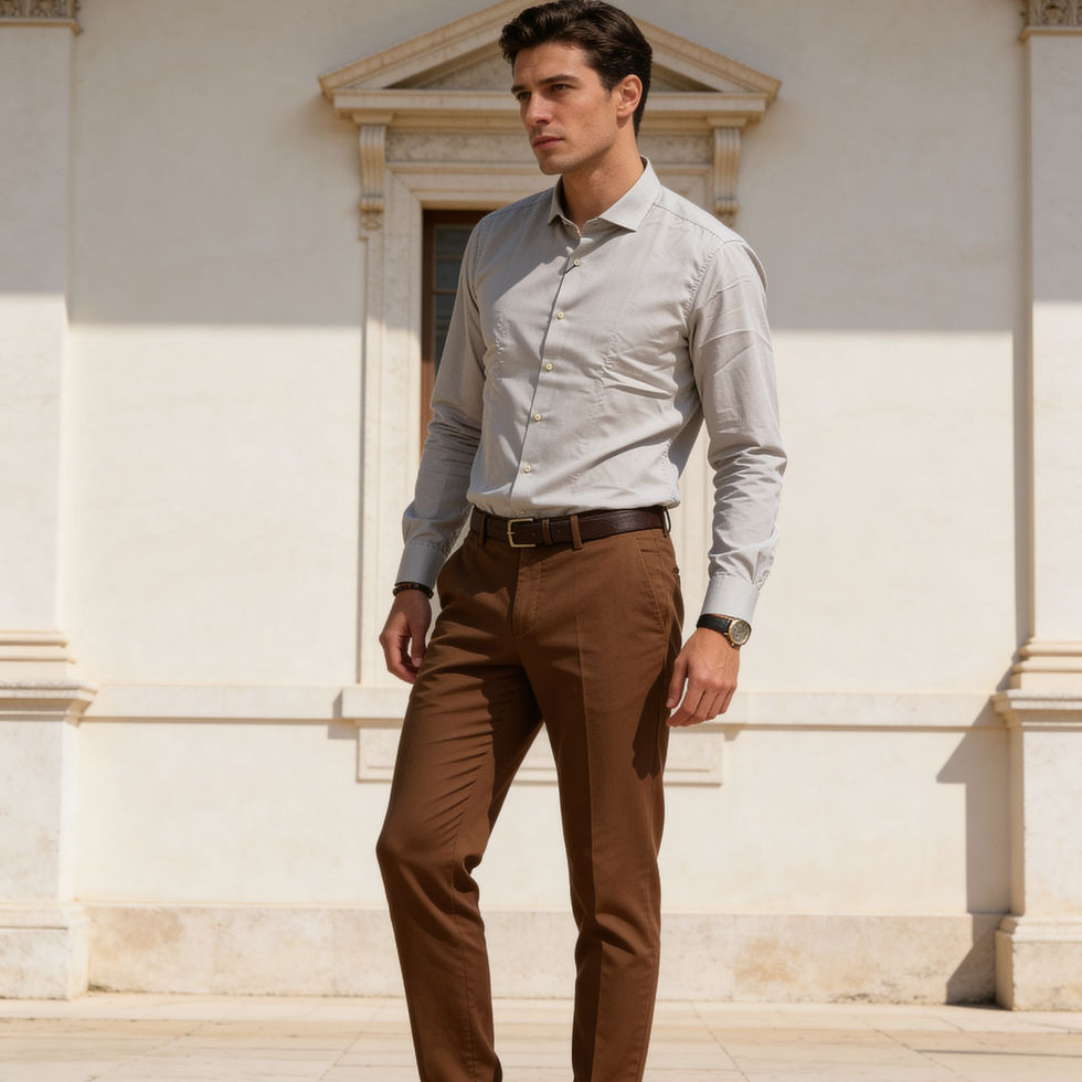 Man in a patterned shirt and brown trousers