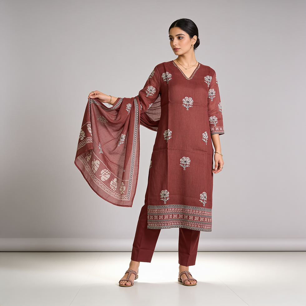 MAROON BLOCK PRINT KOTA-DORIA KURITSET