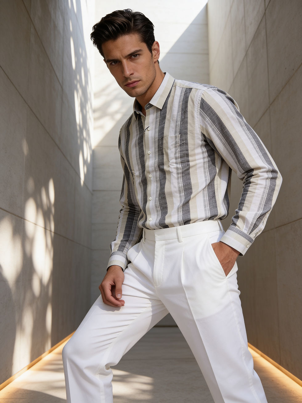 Man in striped shirt and white pants