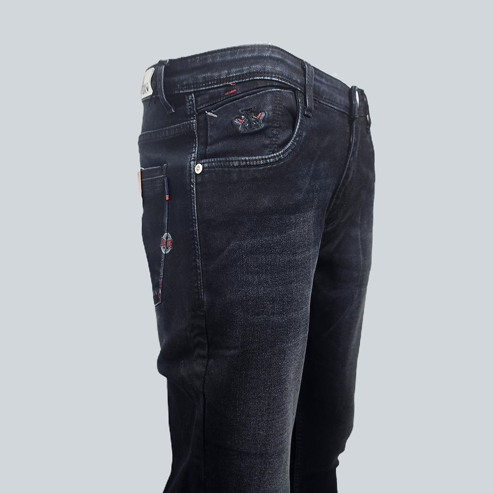 Side view of dark navy-black wash jeans pockets