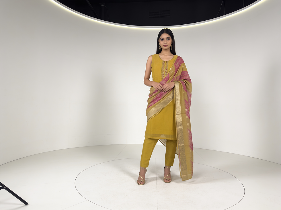 PLAIN MUSTARD NECKLINE EMBROIDERED KURTI-SET