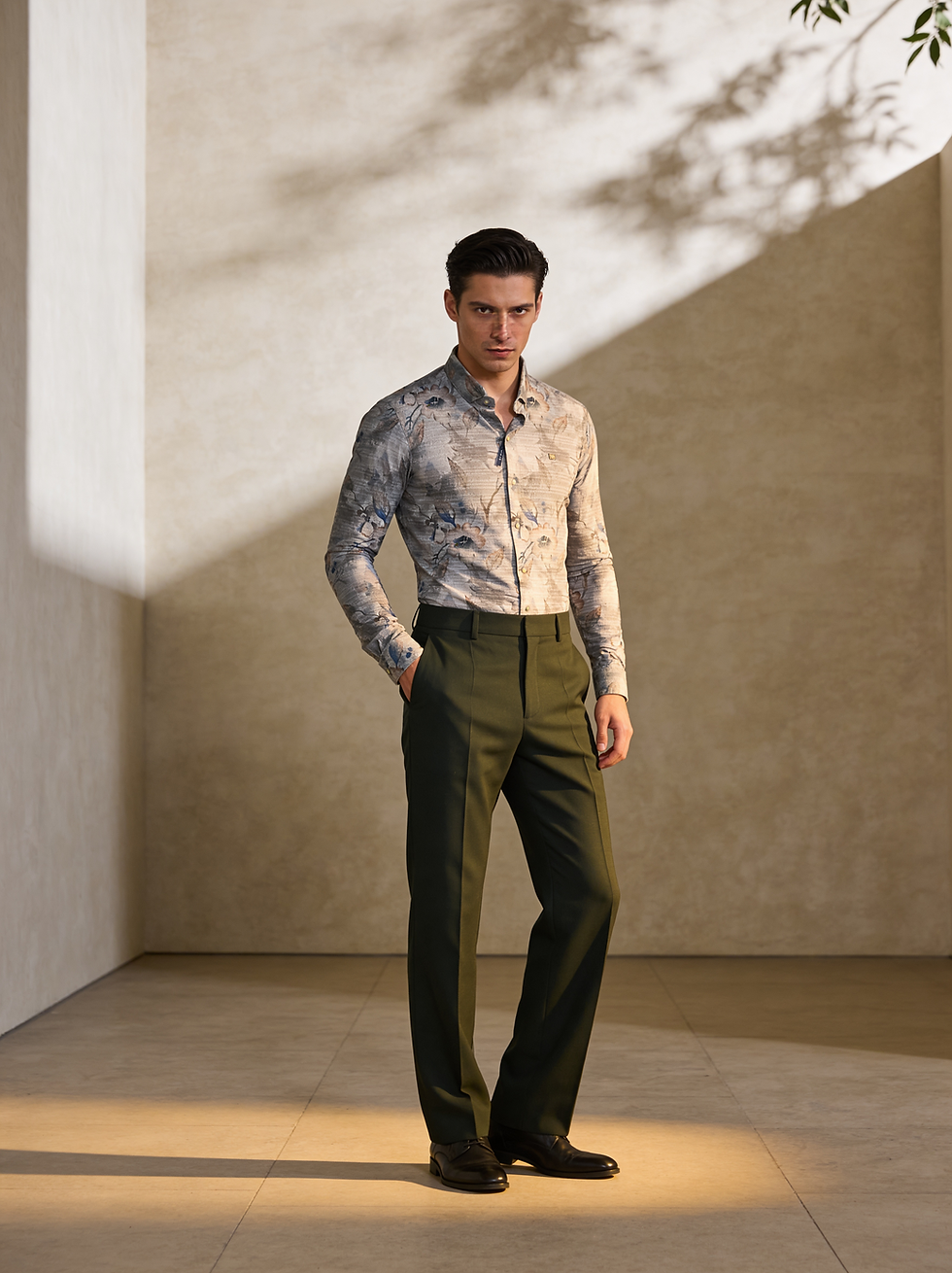 Man wearing patterned long-sleeve shirt and green trousers