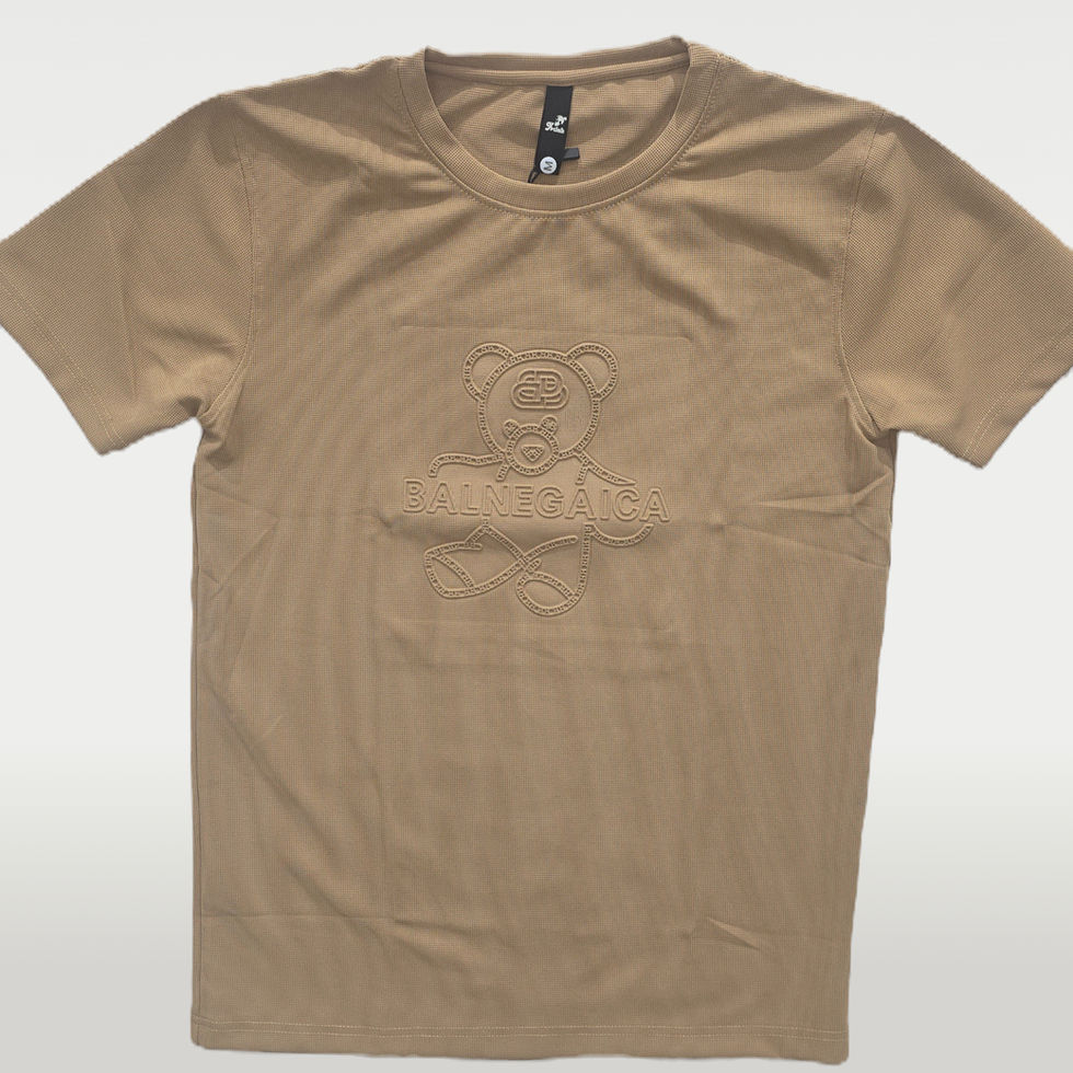 Tan textured U-neck t-shirt with embossed bear graphic