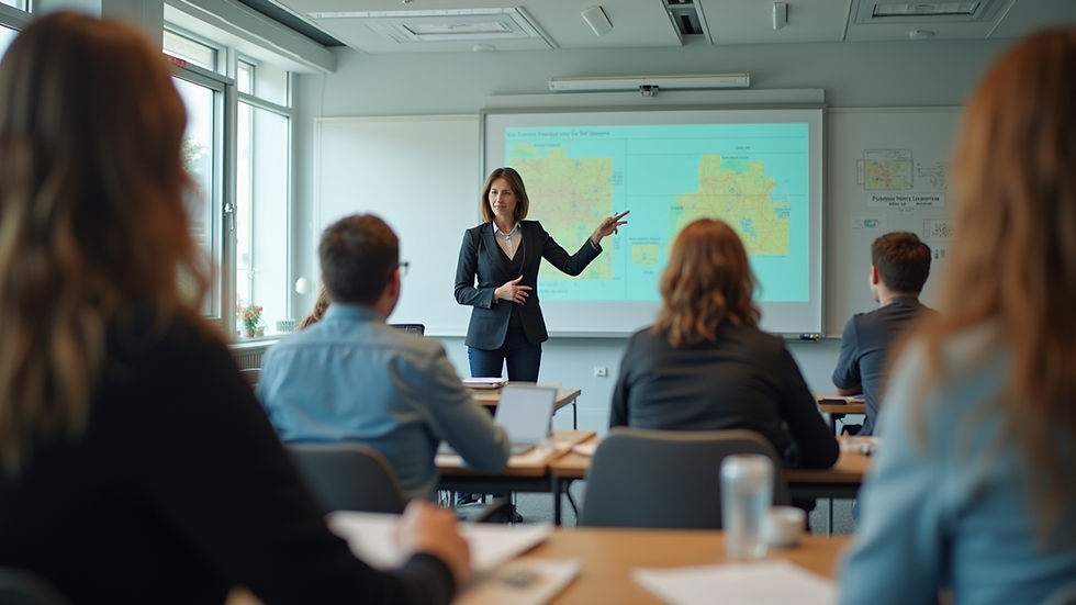 Eye-level view of a classroom setting with an adult educator using interactive teaching tools