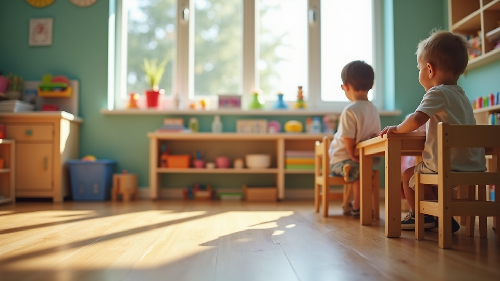 Eye-level view of a childcare classroom with educational materials and learning stations