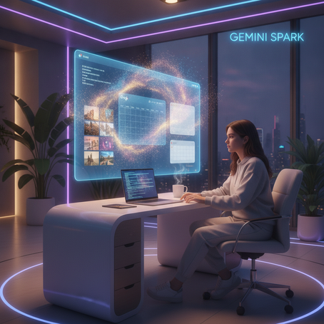 Gemini Spark AI Agent 示意圖,展示 Google 個人 AI 秘書自動處理電郵、行事曆、相片搜尋與日常任務