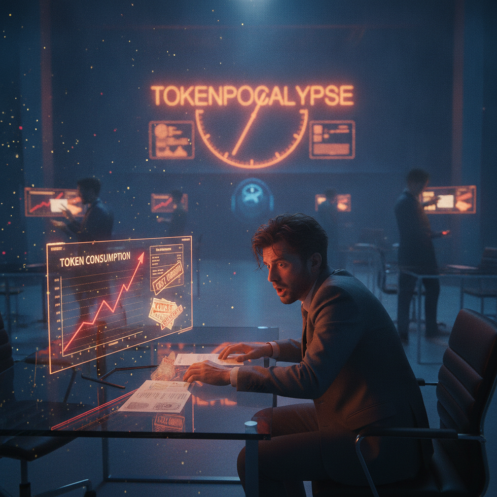 AI代幣成本控管示意圖，展示企業使用生成式 AI 時面對 token 消耗飆升、預算失控與數位轉型成本治理挑戰