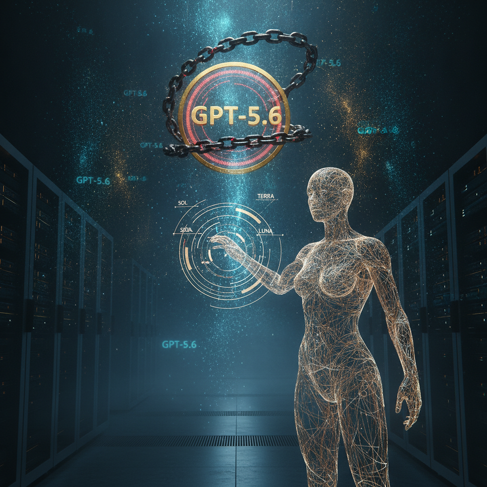GPT-5.6 模型發布示意圖,展示 Sol、Terra、Luna 三款 AI 模型、代理式能力與國家安全審查下的科技權力格局