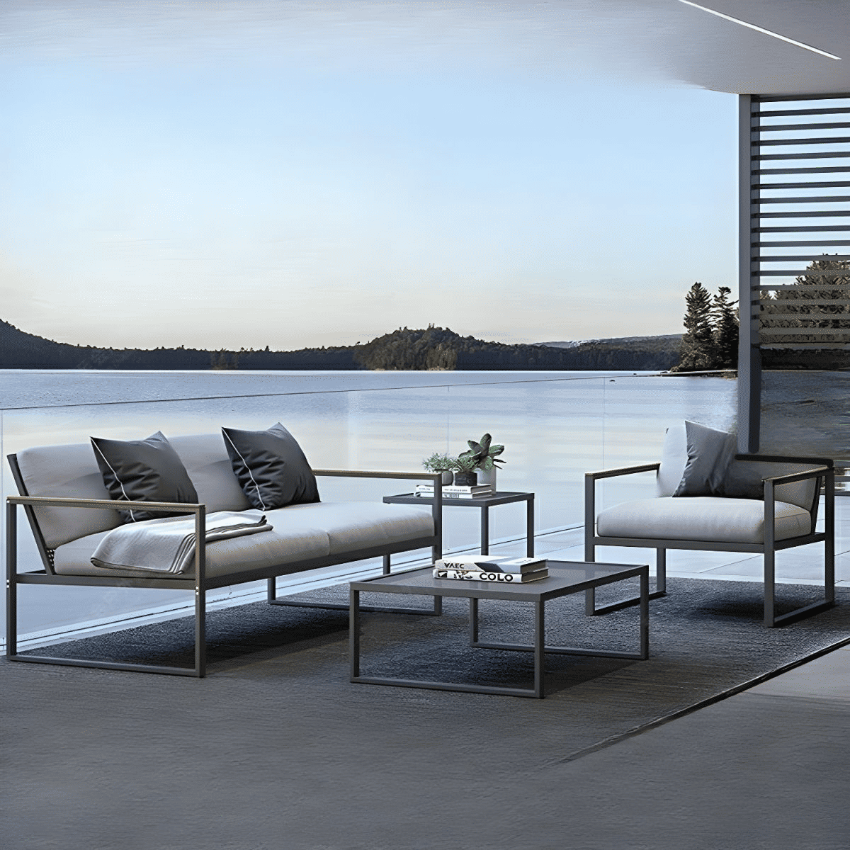 KC-0111 Modern 6 Parçalı Bahçe Koltuk Takımı, Masif Ahşap Kollu, Gri