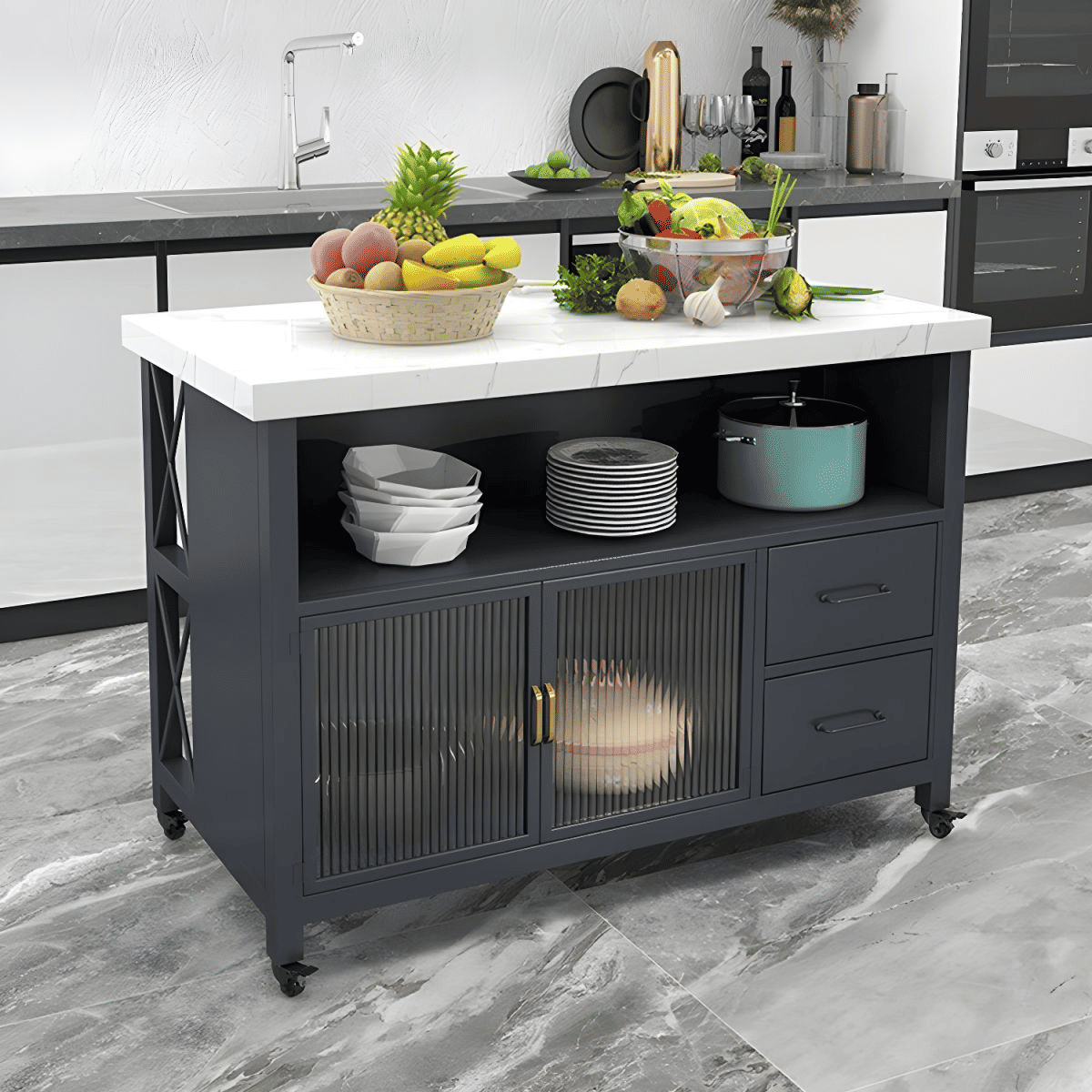 Modern Mermer Görünümlü Mutfak Servis Arabası SKU3968040