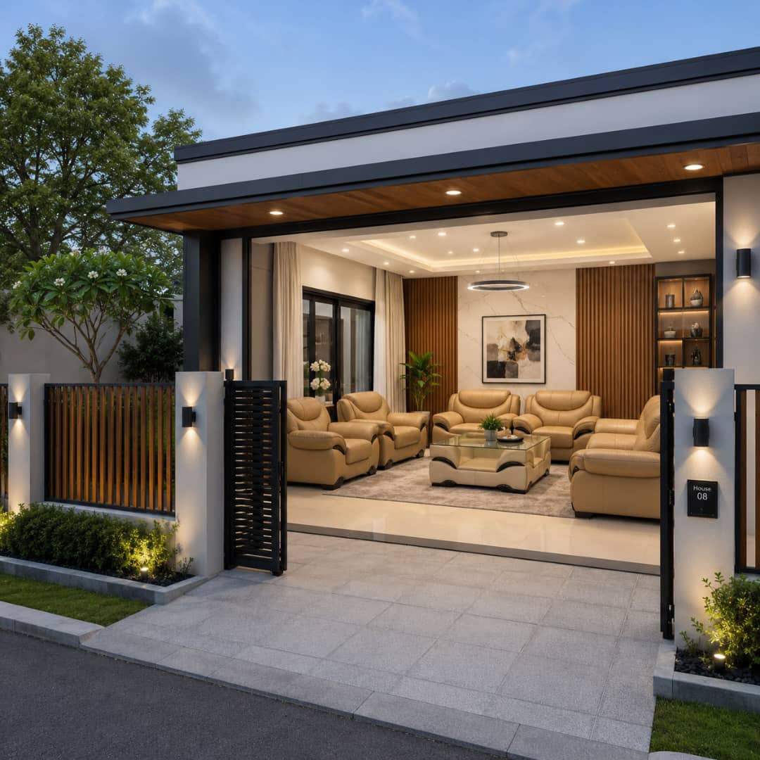 Modern house with visible living room and sectional sofa