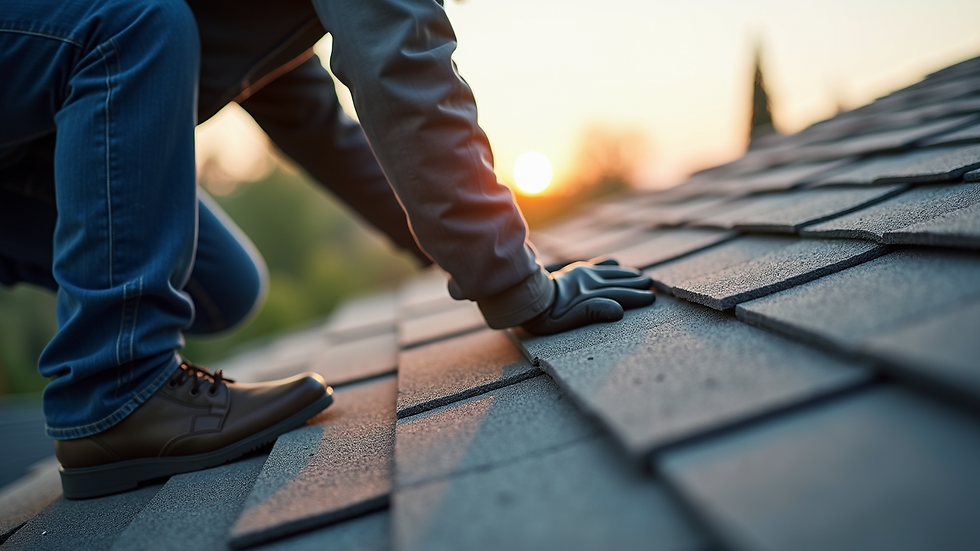 Close-up view of a roofing professional inspecting shingles