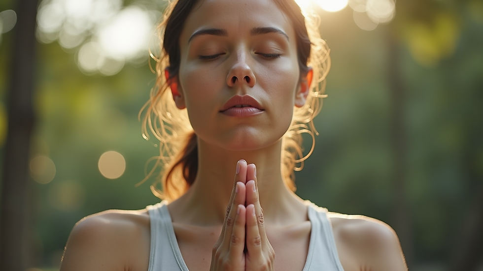 Close-up view of a person practicing breathwork in a serene environment