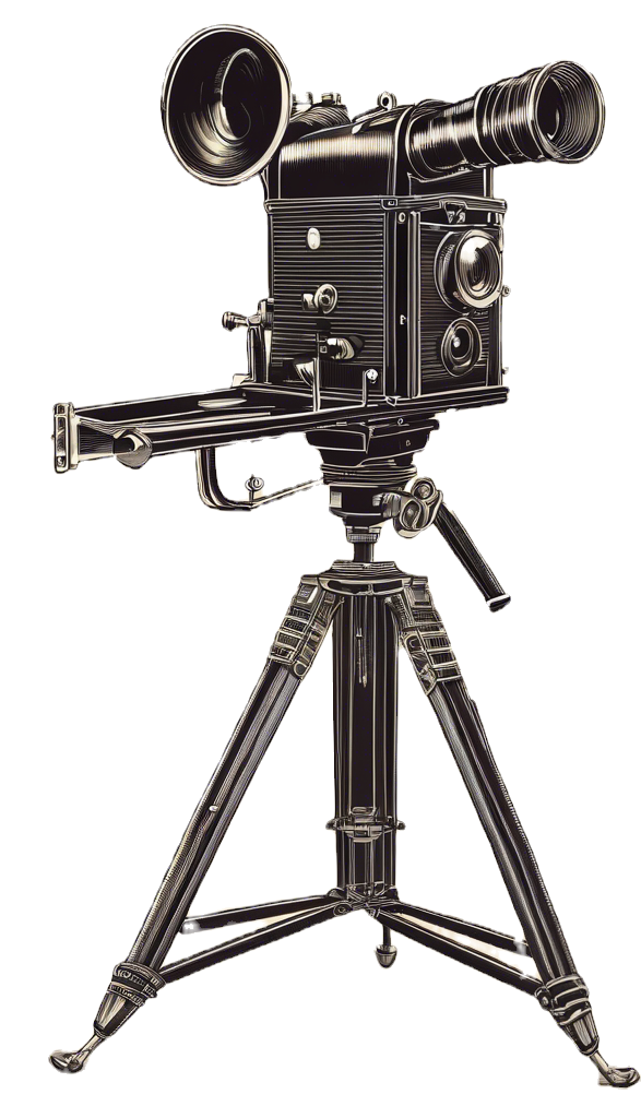 Big Old style movie camera on a tripod. we are looking at its back.png