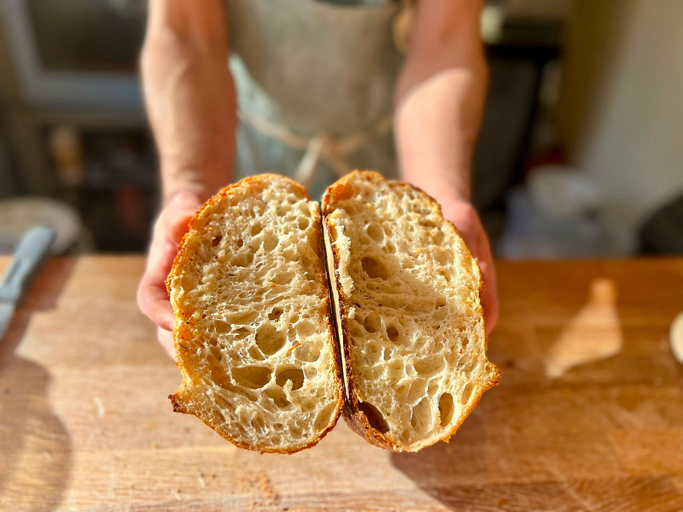 The crust and open crumb are created through the entire fermentation process—not added at the end.