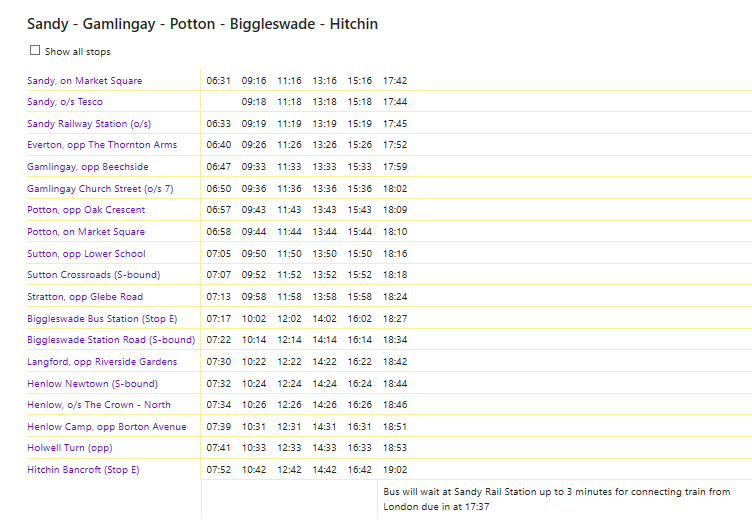 190 Current Sandy to Hitchin Mon to Fri