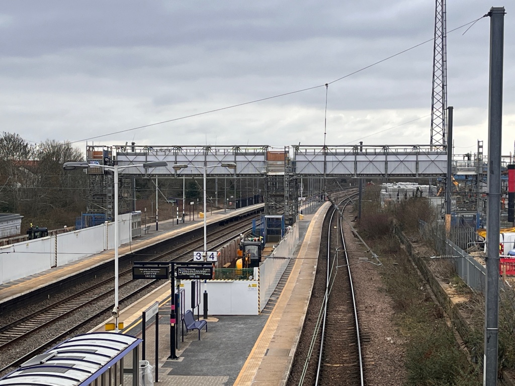 The temporary scaffold bridge to enable some works to take place on the platforms while trains are running.