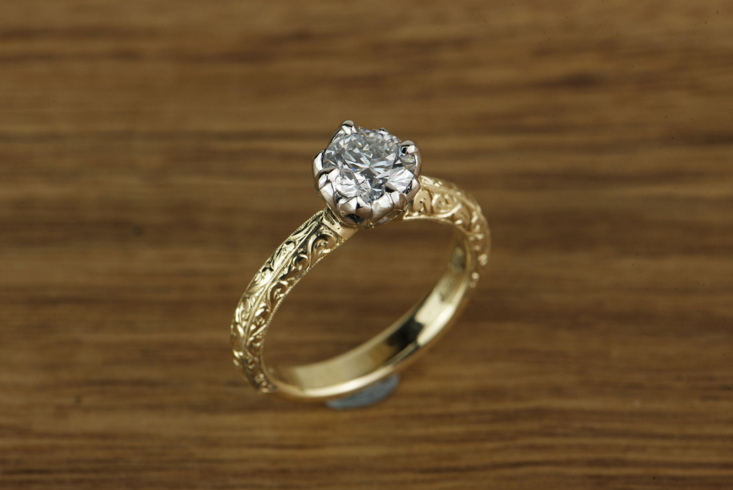 Hand Engraved Solitaire Diamond Engagement Ring