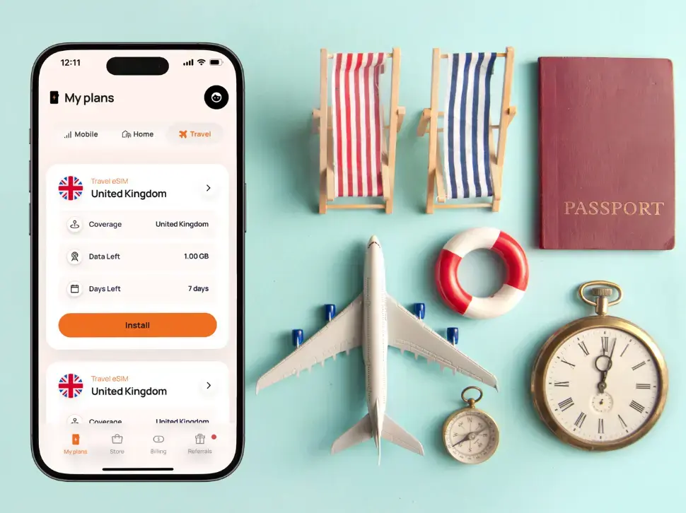 Smartphone displaying an E.Tel travel eSIM for the United Kingdom next to travel items including a passport, airplane model, deck chairs, and a pocket watch, representing E.Tel’s mobile plans bundled with a free travel eSIM