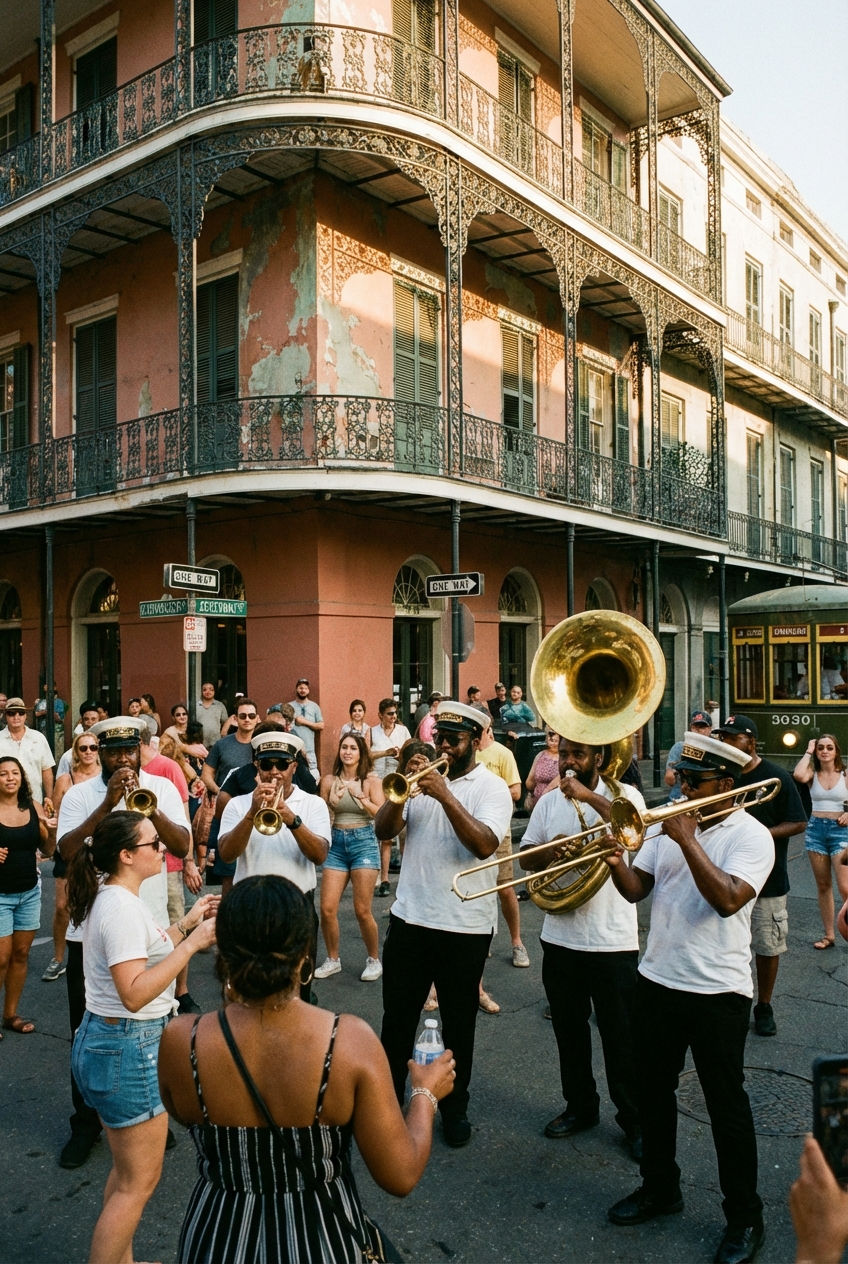 candid street photography, a brass band playing music on a corner in the French Quarter, New Orleans, historic buildings with iron balconies in the background, vibrant afternoon light, portrait