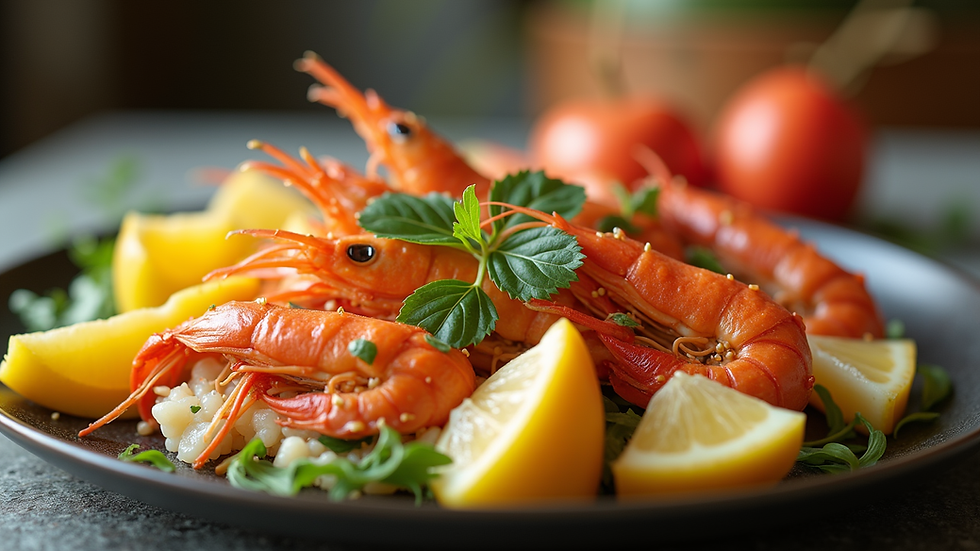 Close-up view of a gourmet Thai seafood platter with tropical fruits