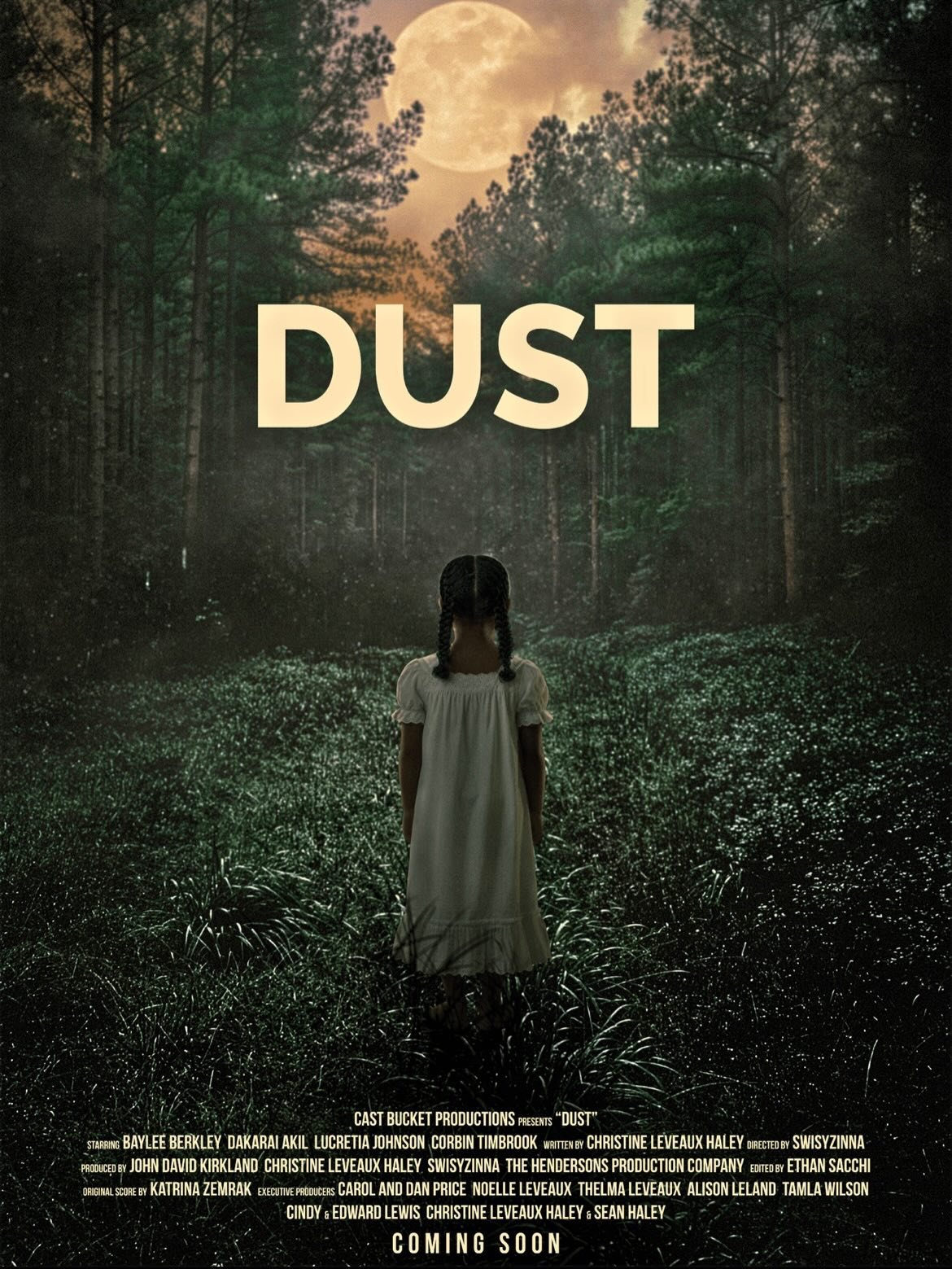 Official DUST poster: a young girl in a white dress stands in a forest clearing beneath the title.