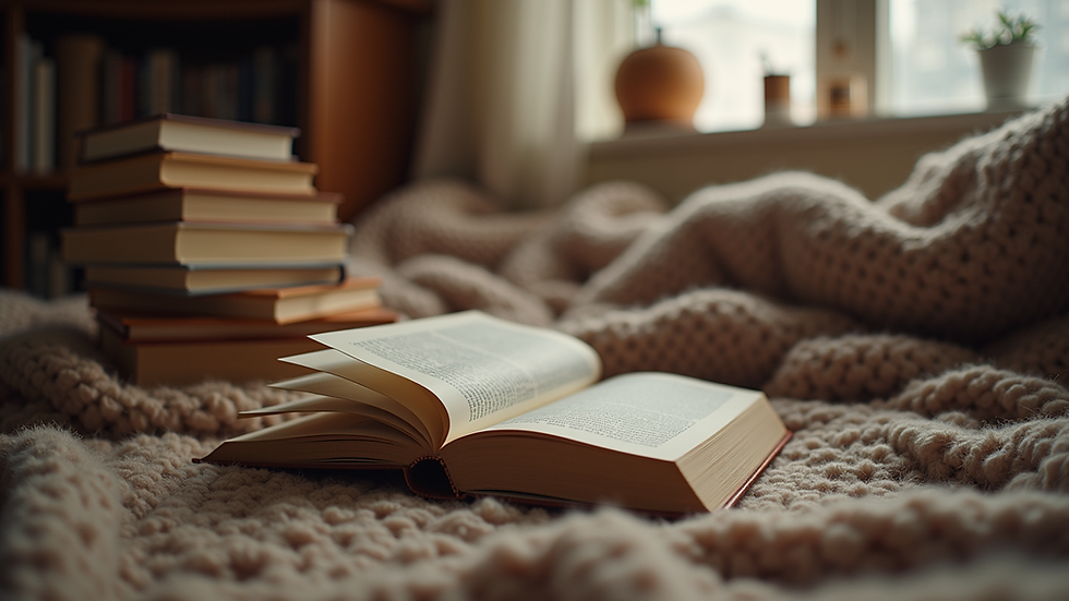Eye-level view of a cozy reading nook with a stack of books and a warm blanket
