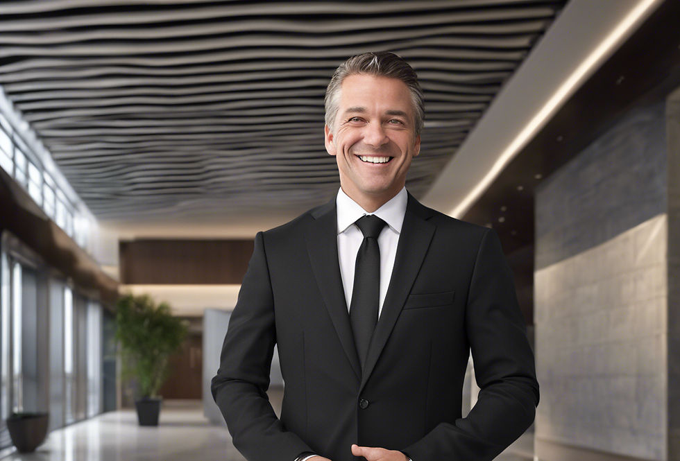 landscape_ image of a manned guard in a black suit and black tie smiling in a corporate bu