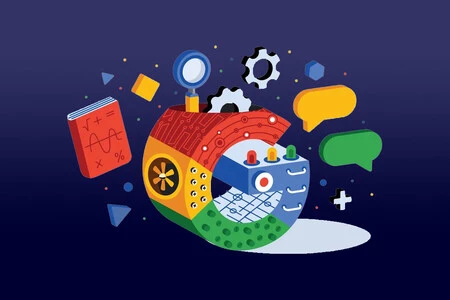 Logo de google con engranajes y ventanas de texto saliendo de el.