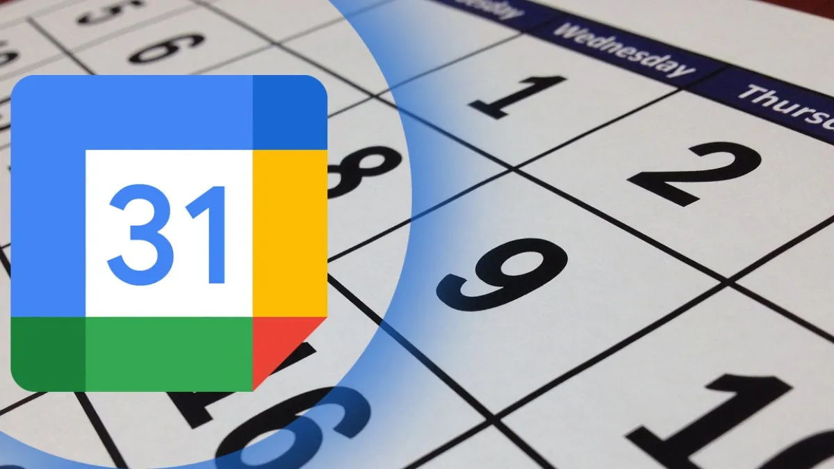 imagen con el logo de google calendar superpuesta a un calendario de papel.