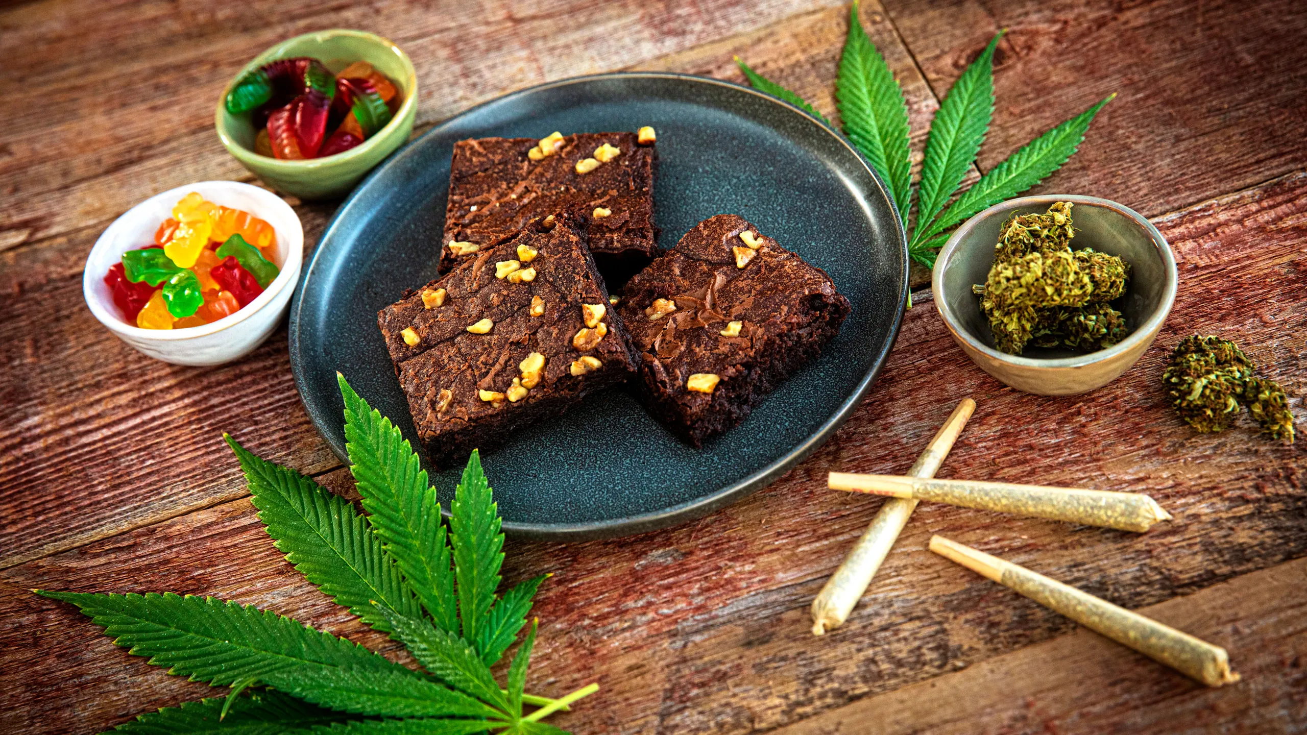 Imagen de comestibles de marihuana en donde se pueden ver un plato con brownies, recipientes con gominolas, cogollos, rodeados de hojas y cigarrillos de marihuana.