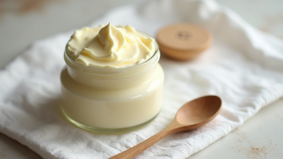 Eye-level view of a jar of whipped body butter with a wooden spoon on a white cloth