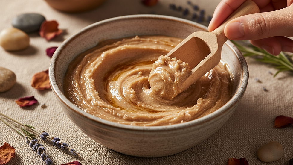 Eye-level view of natural sugar scrub with shea butter and oils