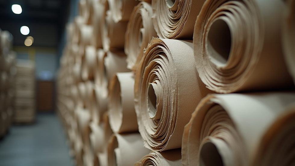 Close-up view of vintage-style fabric rolls stacked in a warehouse