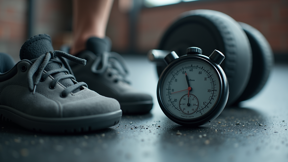 Close-up view of a stopwatch and fitness gear on a gym floor