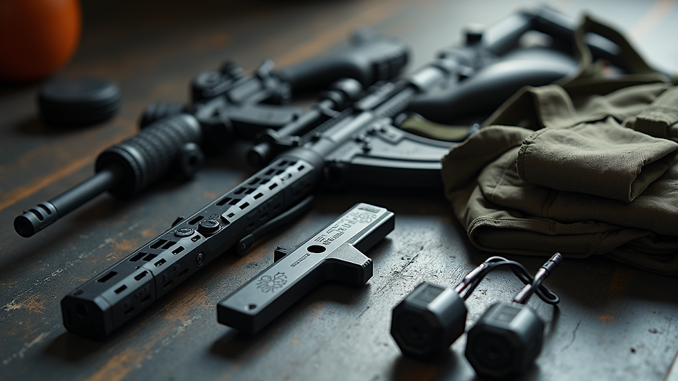 Close-up view of tactical gear and fitness equipment laid out for training