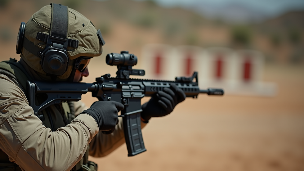 Close-up view of a tactical athlete performing a precision shooting drill on a range