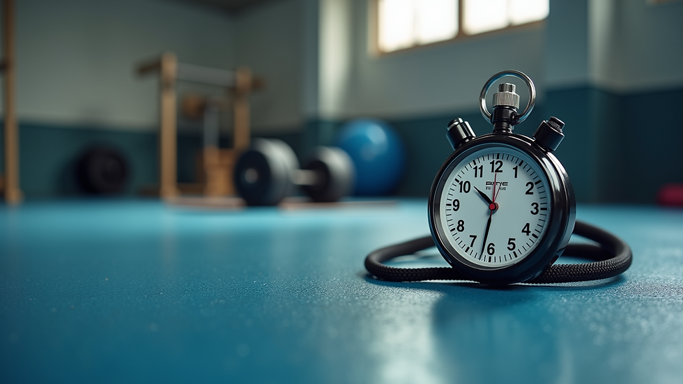 Close-up view of a stopwatch and fitness equipment on a gym floor