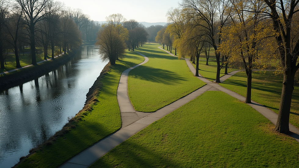 High angle view of a riverside park with trees and walking paths