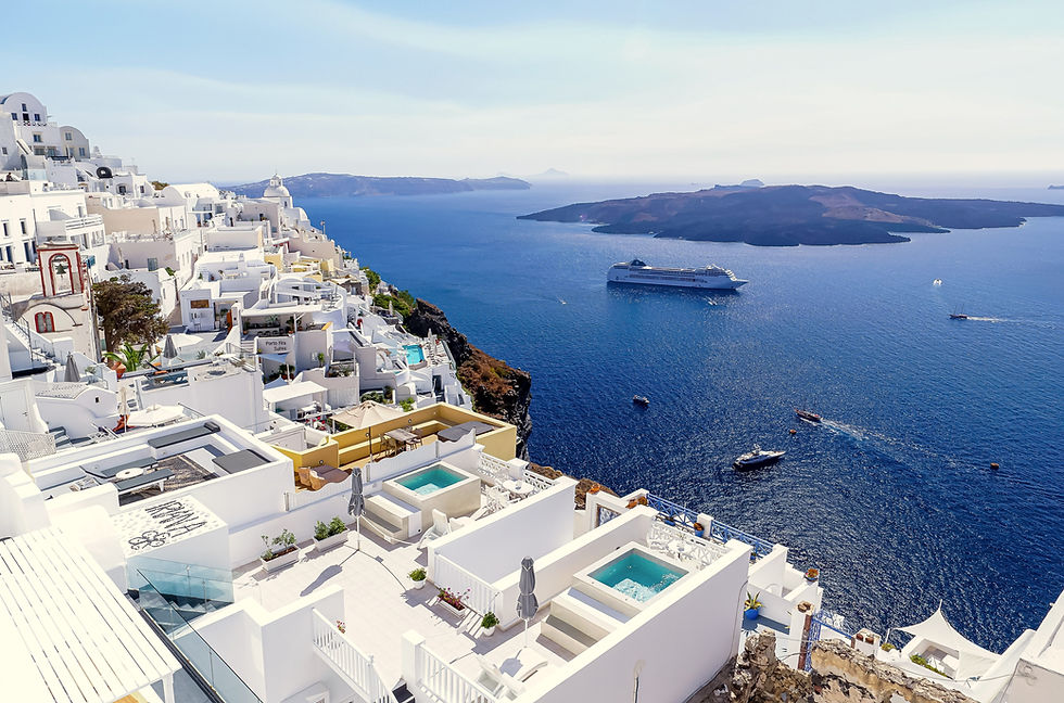 Santorini with cruise ships in the Aegean Sea