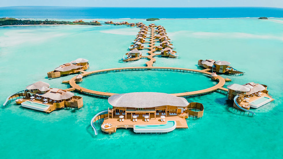 An aerial photo of Soneva Jani Overwater and Island Villas in the Maldives