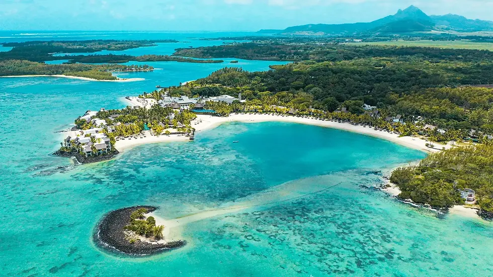 An aerial photo overlooking a beach resort in Mauritius